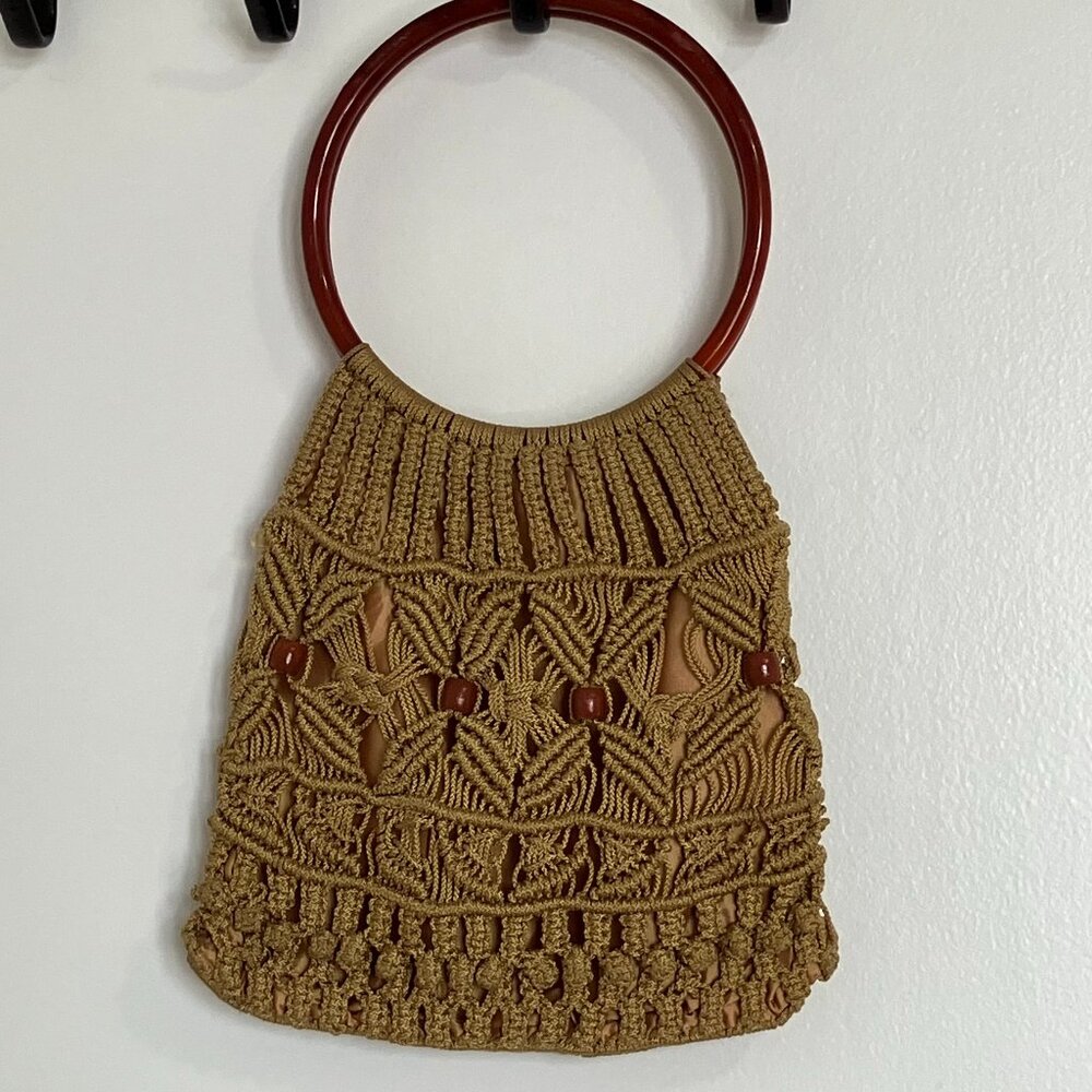 Macrame Boho Bag Woven Hippie Small Handbag With Wood Beads